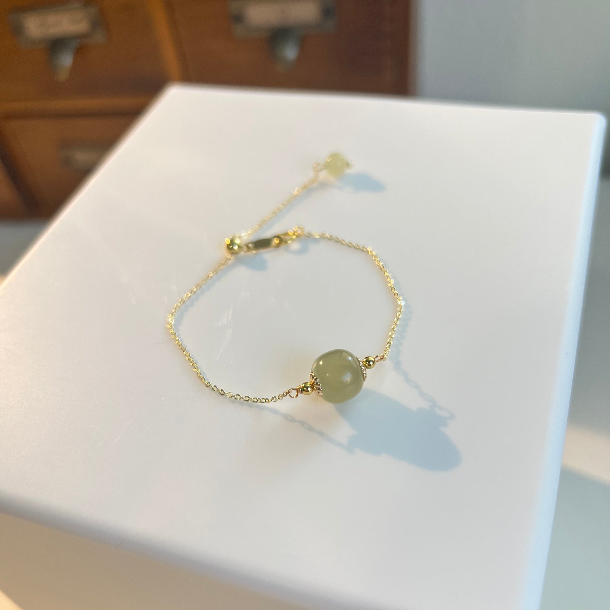 Natural Hetian Jade Bracelet, Minimalist Bracelet, Lucky Nephrite Bracelet, Single Bead Bracelet with Dainty Chain and a Small Gree Charm