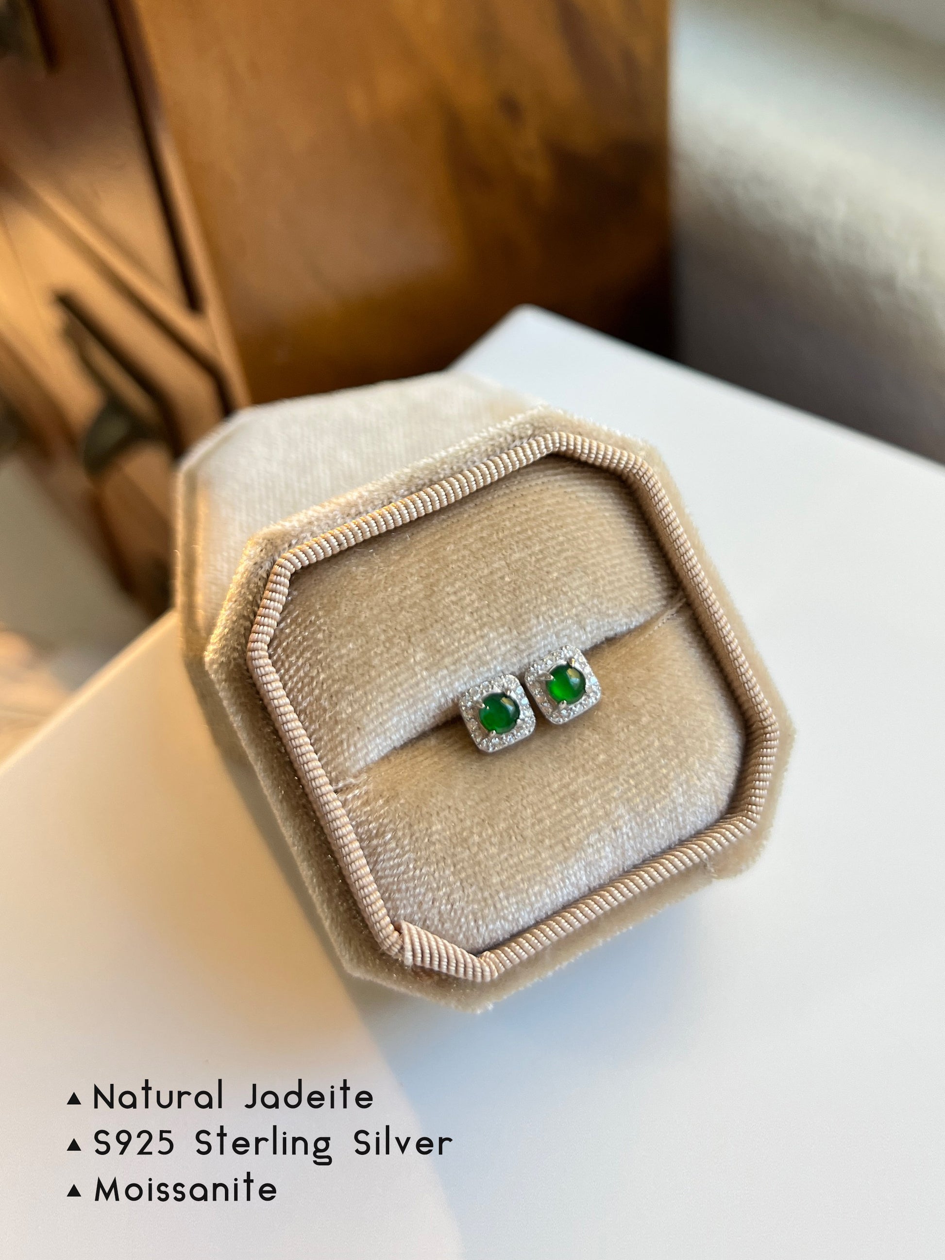 NaturalJadeite Earrings, Natural Jade Earrings, S925 Sterling Silver Earring Stud, delicate moissanite Diamond, Bright Green Emerald Stud