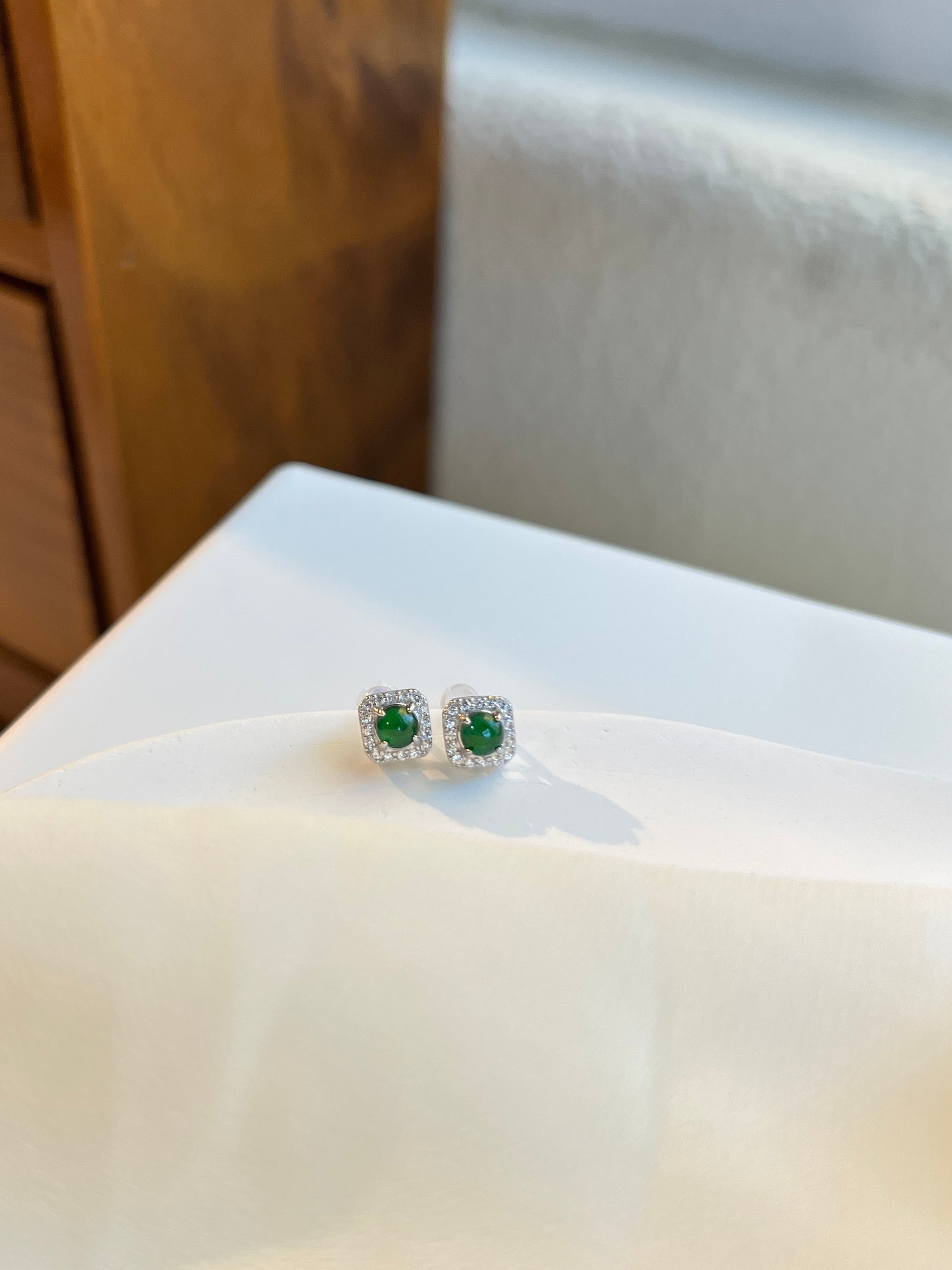 NaturalJadeite Earrings, Natural Jade Earrings, S925 Sterling Silver Earring Stud, delicate moissanite Diamond, Bright Green Emerald Stud