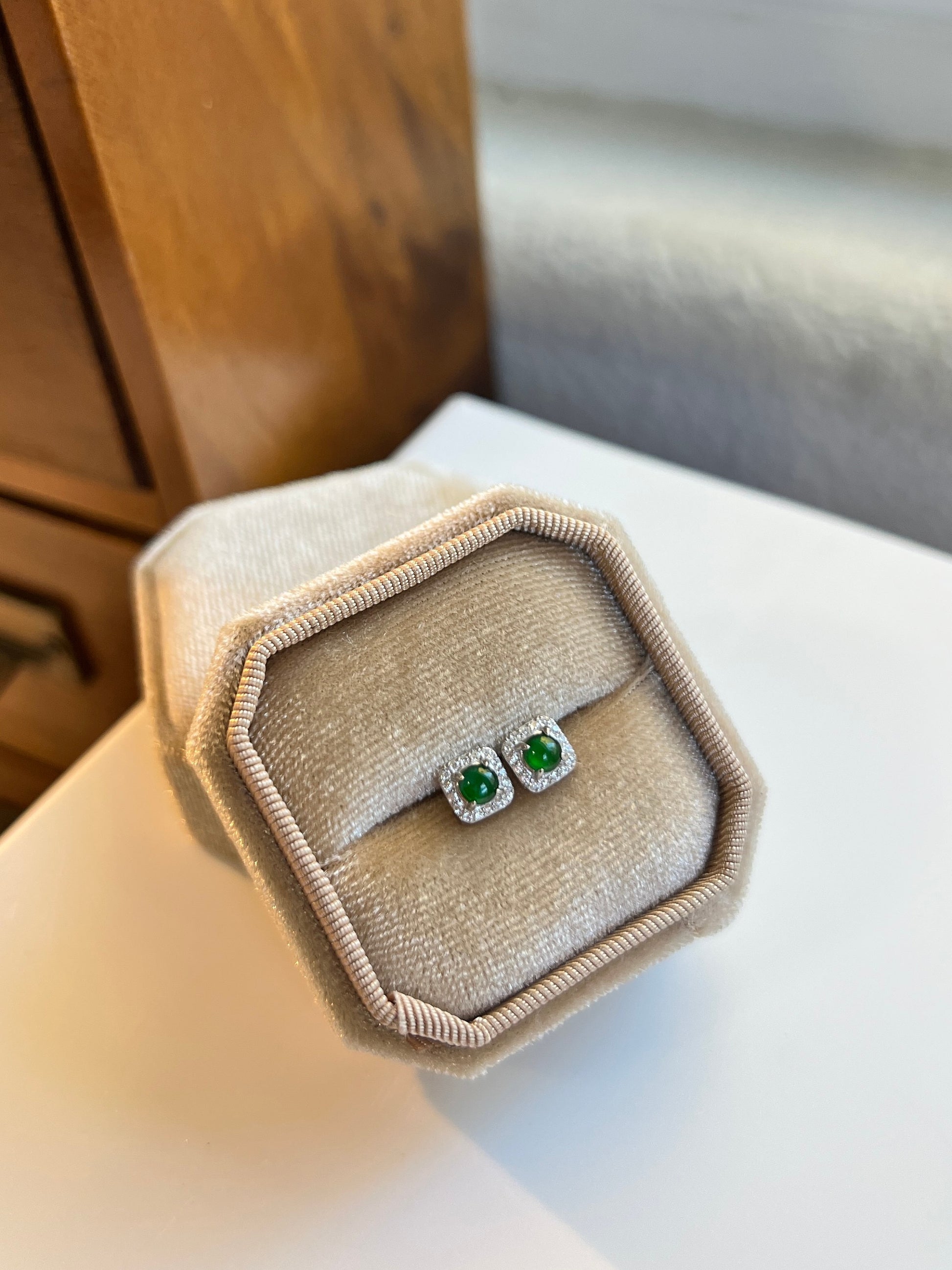 NaturalJadeite Earrings, Natural Jade Earrings, S925 Sterling Silver Earring Stud, delicate moissanite Diamond, Bright Green Emerald Stud