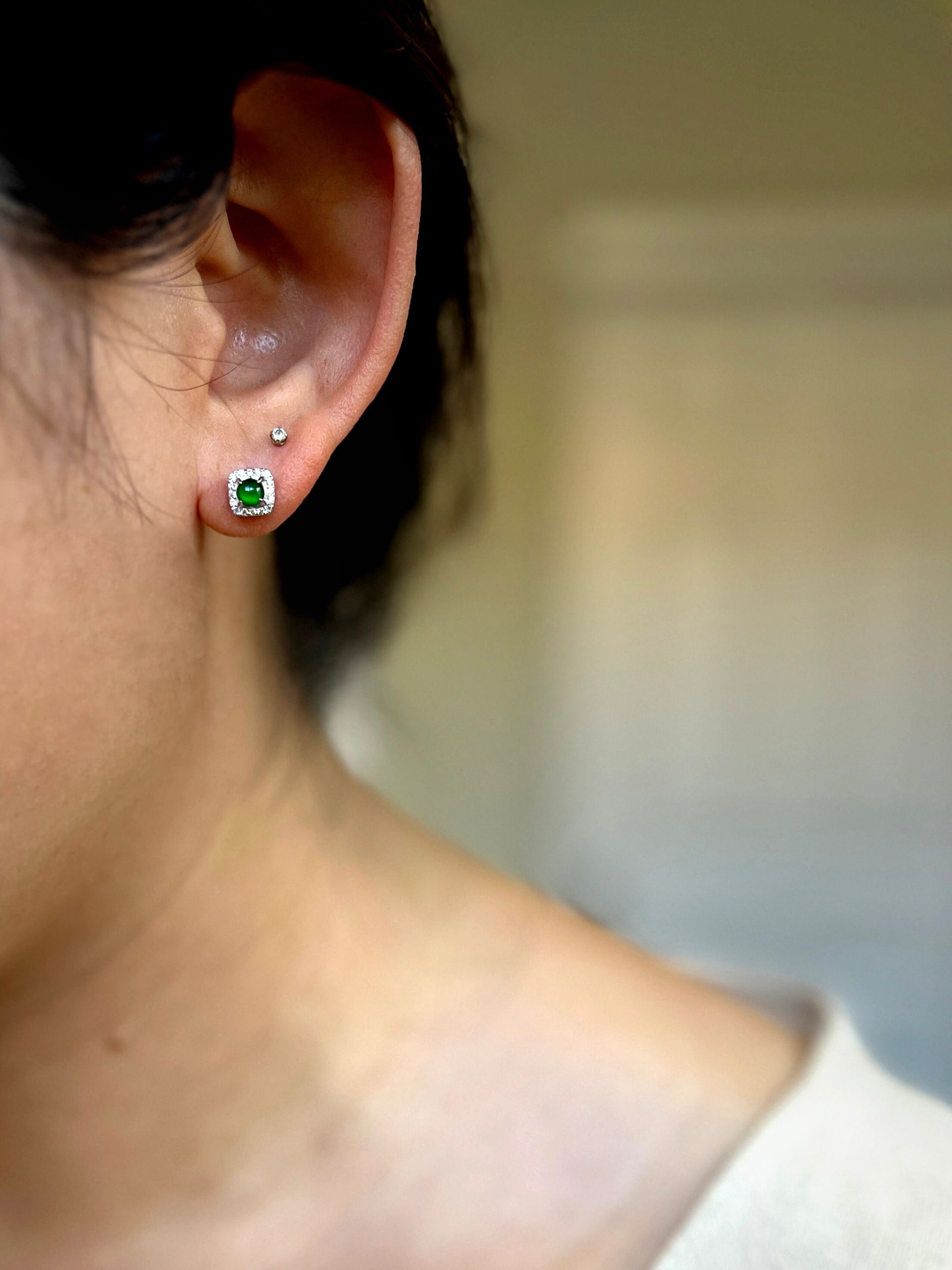 NaturalJadeite Earrings, Natural Jade Earrings, S925 Sterling Silver Earring Stud, delicate moissanite Diamond, Bright Green Emerald Stud