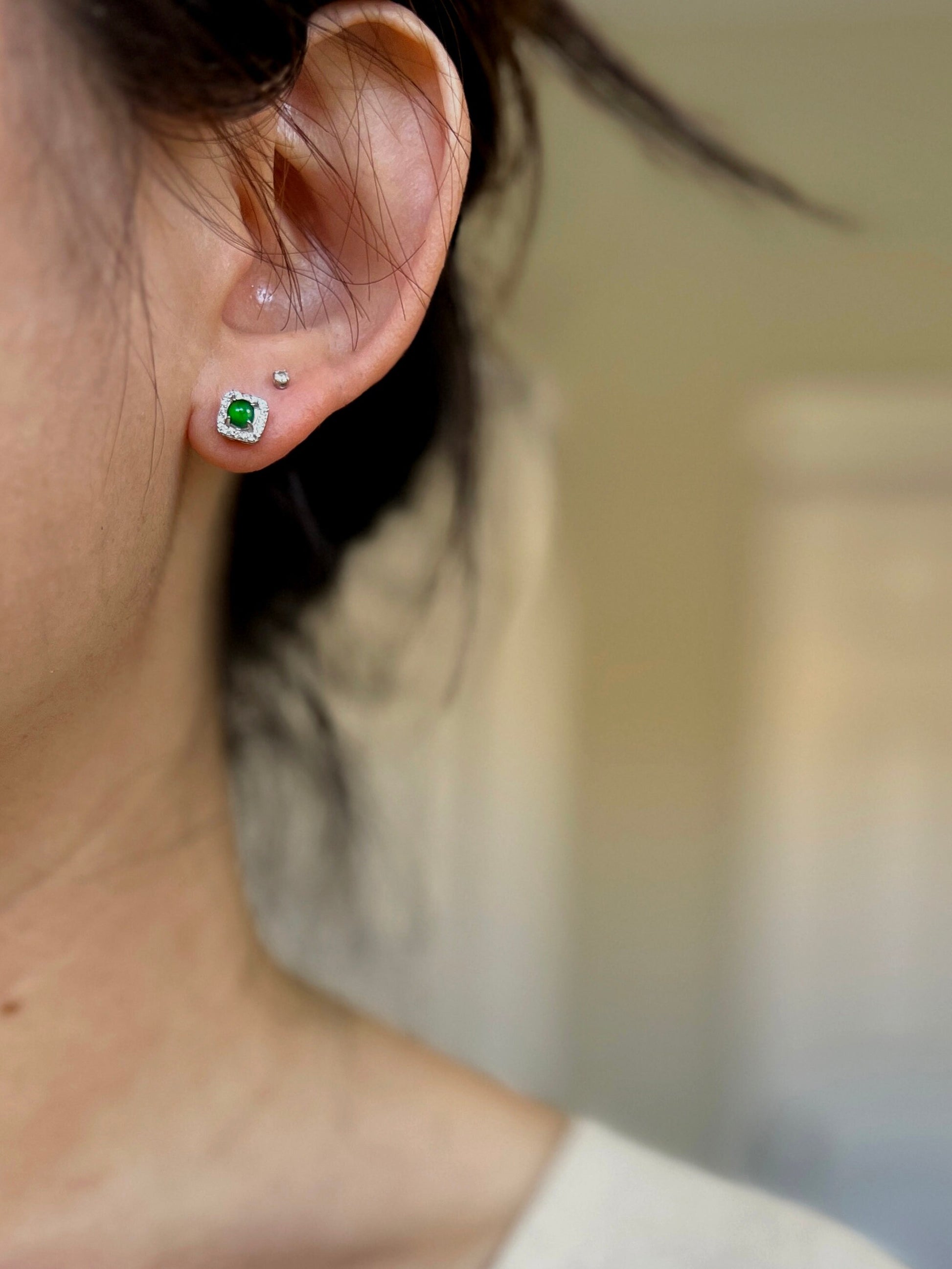 NaturalJadeite Earrings, Natural Jade Earrings, S925 Sterling Silver Earring Stud, delicate moissanite Diamond, Bright Green Emerald Stud