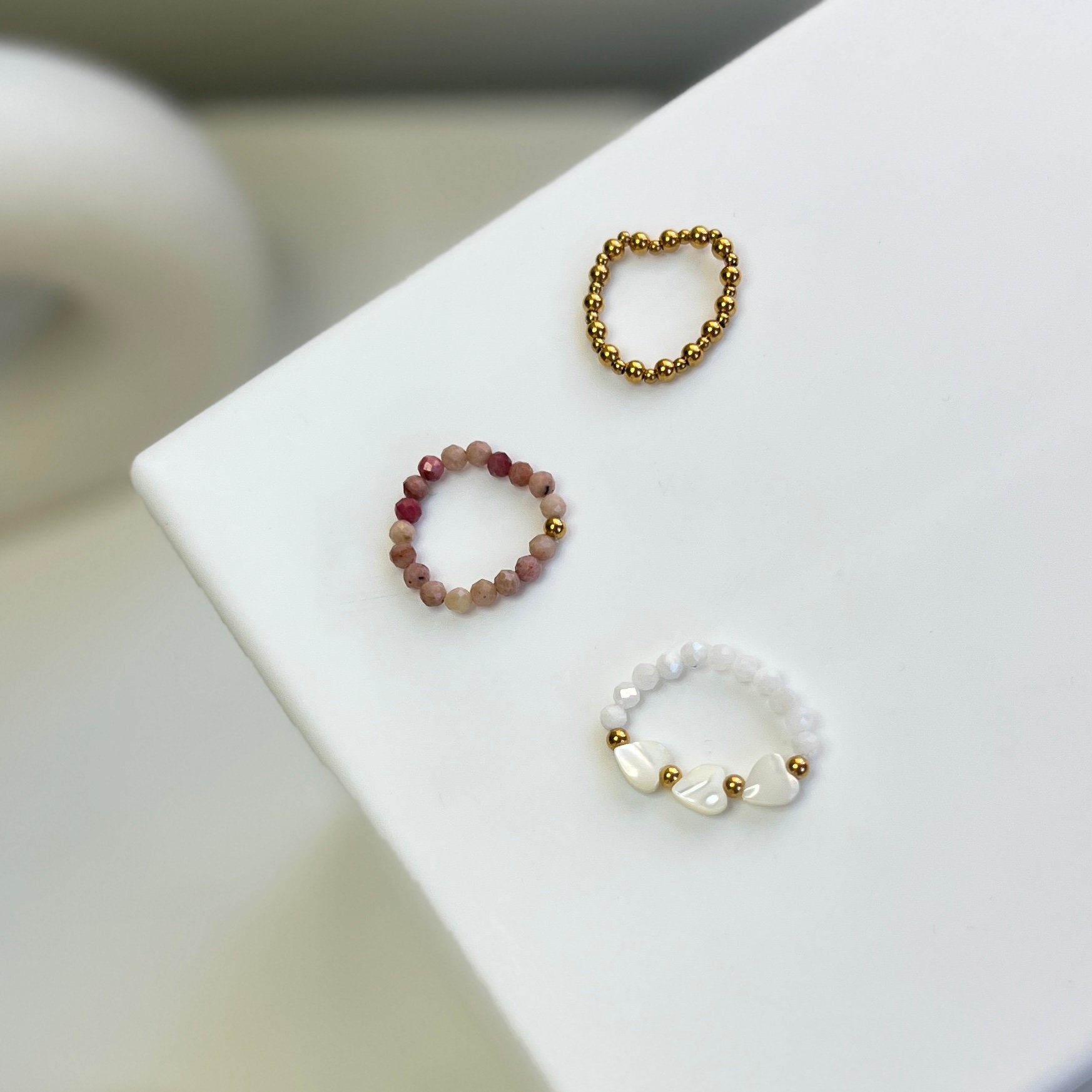 Boho Beaded Stretch Ring, Bohemia Beads Ring, Heart Shell Ring, Natural Stone Beads Ring, Rhodochrosite Beads Ring, Boho Stackable Ring