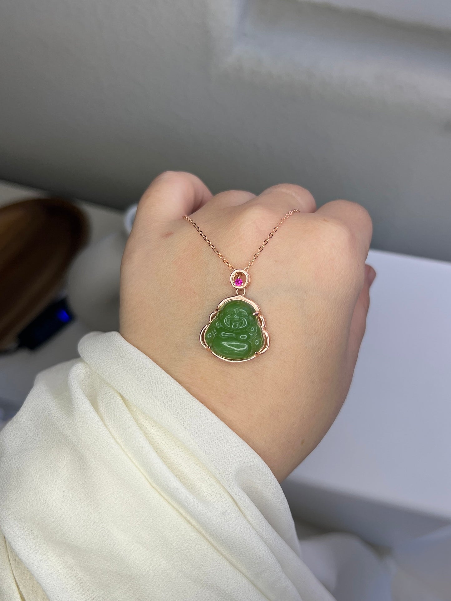 Jade Buddha Pendant, Hetian Jade Pendant Necklace, Dainty Natural Jade Necklace, Rose Gold Plated on S925 Silver Chain, Buddhist Jewelry