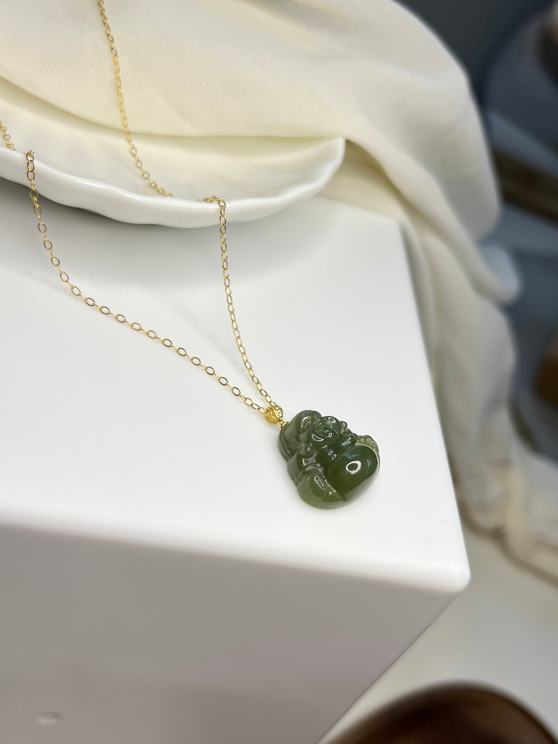 Hetian Jade Buddha Pendant, 18k Gold Cap Jade Pendant Necklace, Natural Jade Necklace, Dainty 14K Gold Filled Chain, Buddhist Jewelry 1