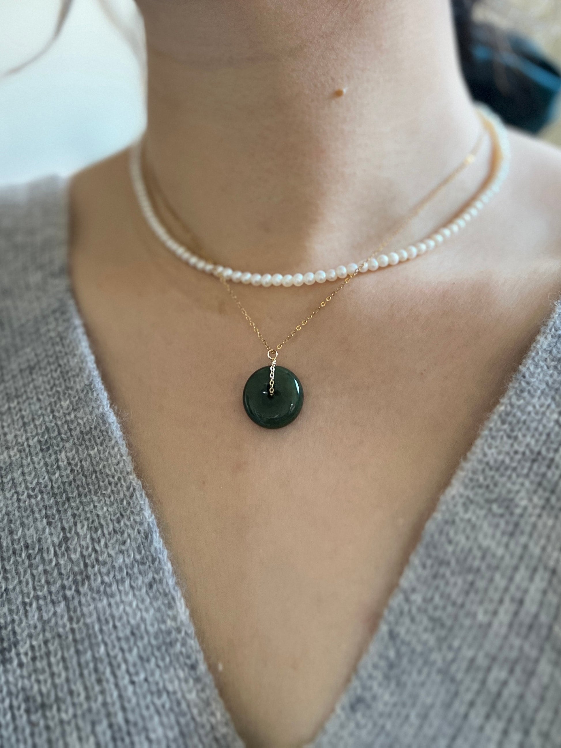 Natural jade Necklace, Hetian Pendant Necklace, Dainty Jade Necklace, Dark Green Jade Donut Necklace, Nephrite Pendant, Jade Gold jewelry