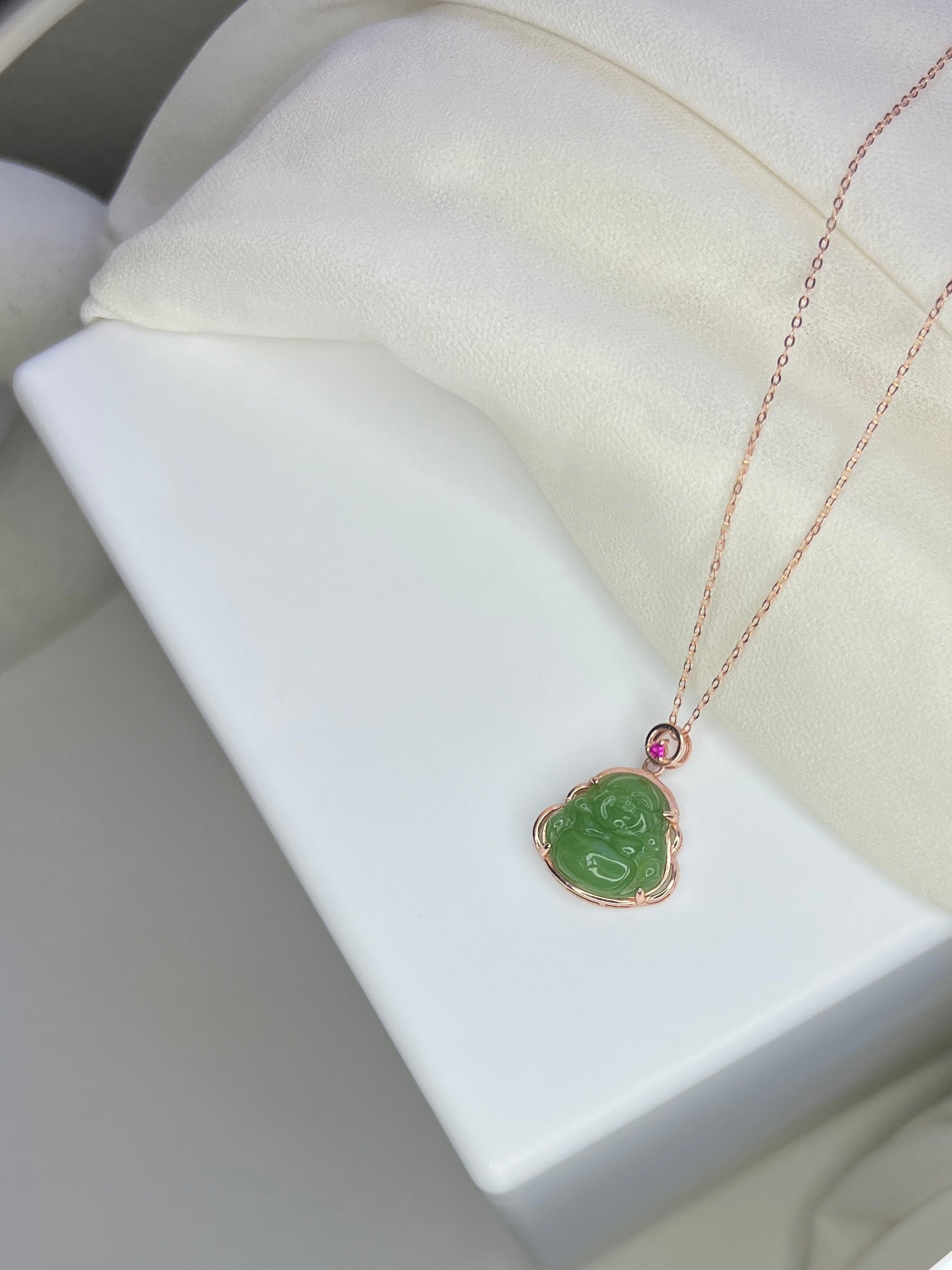 Jade Buddha Pendant, Hetian Jade Pendant Necklace, Dainty Natural Jade Necklace, Rose Gold Plated on S925 Silver Chain, Buddhist Jewelry