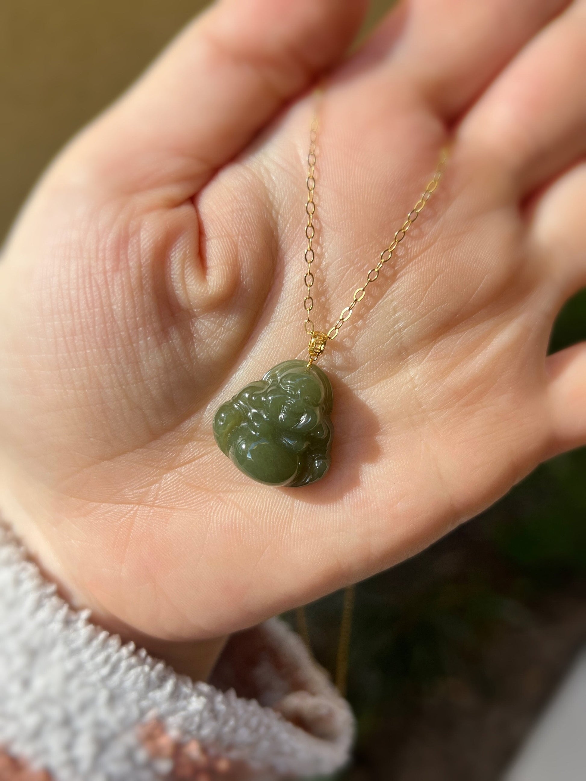 Hetian Jade Buddha Pendant, 18k Gold Cap Jade Pendant Necklace, Natural Jade Necklace, Dainty 14K Gold Filled Chain, Buddhist Jewelry