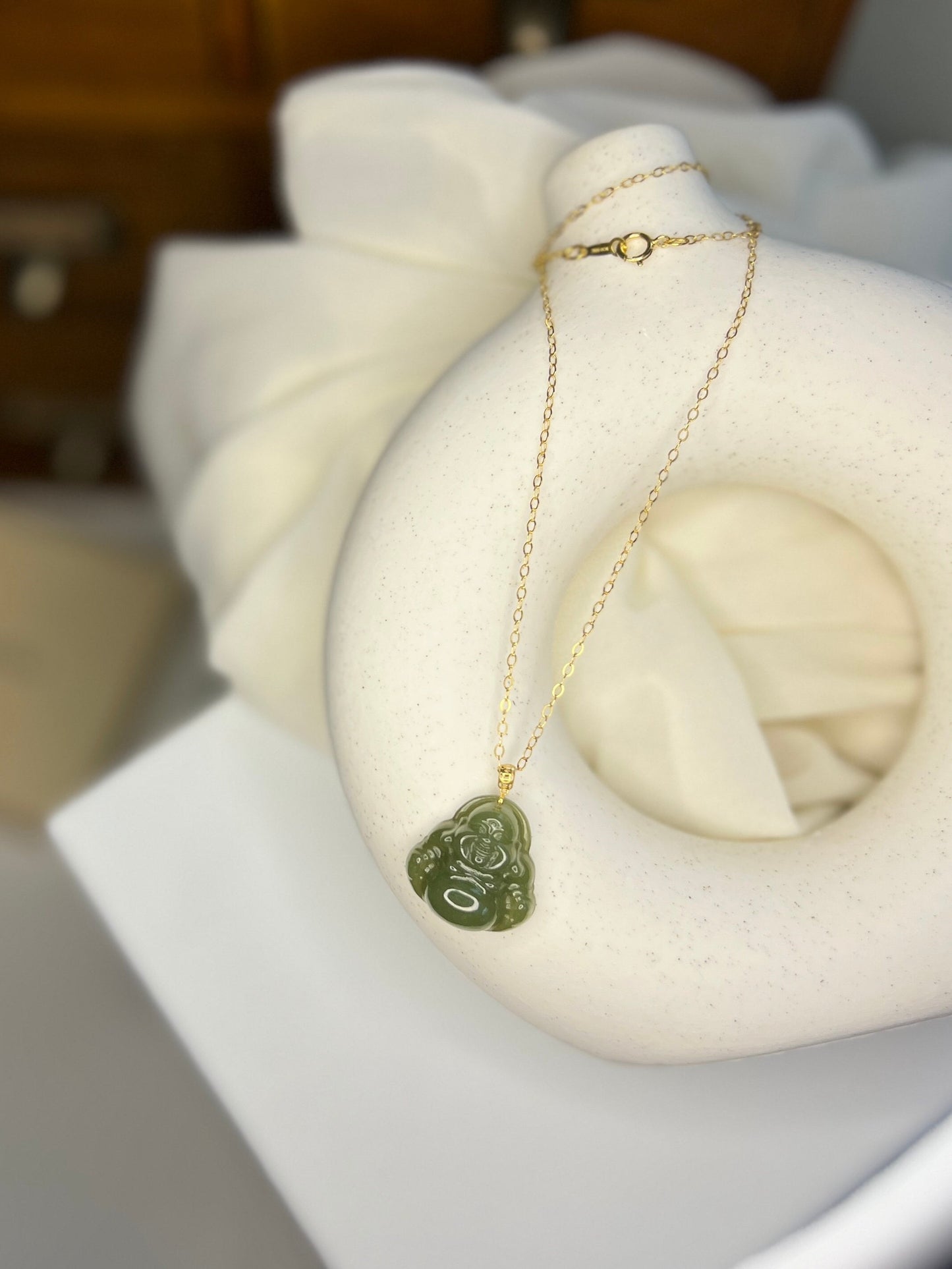 Hetian Jade Buddha Pendant, 18k Gold Cap Jade Pendant Necklace, Natural Jade Necklace, Dainty 14K Gold Filled Chain, Buddhist Jewelry