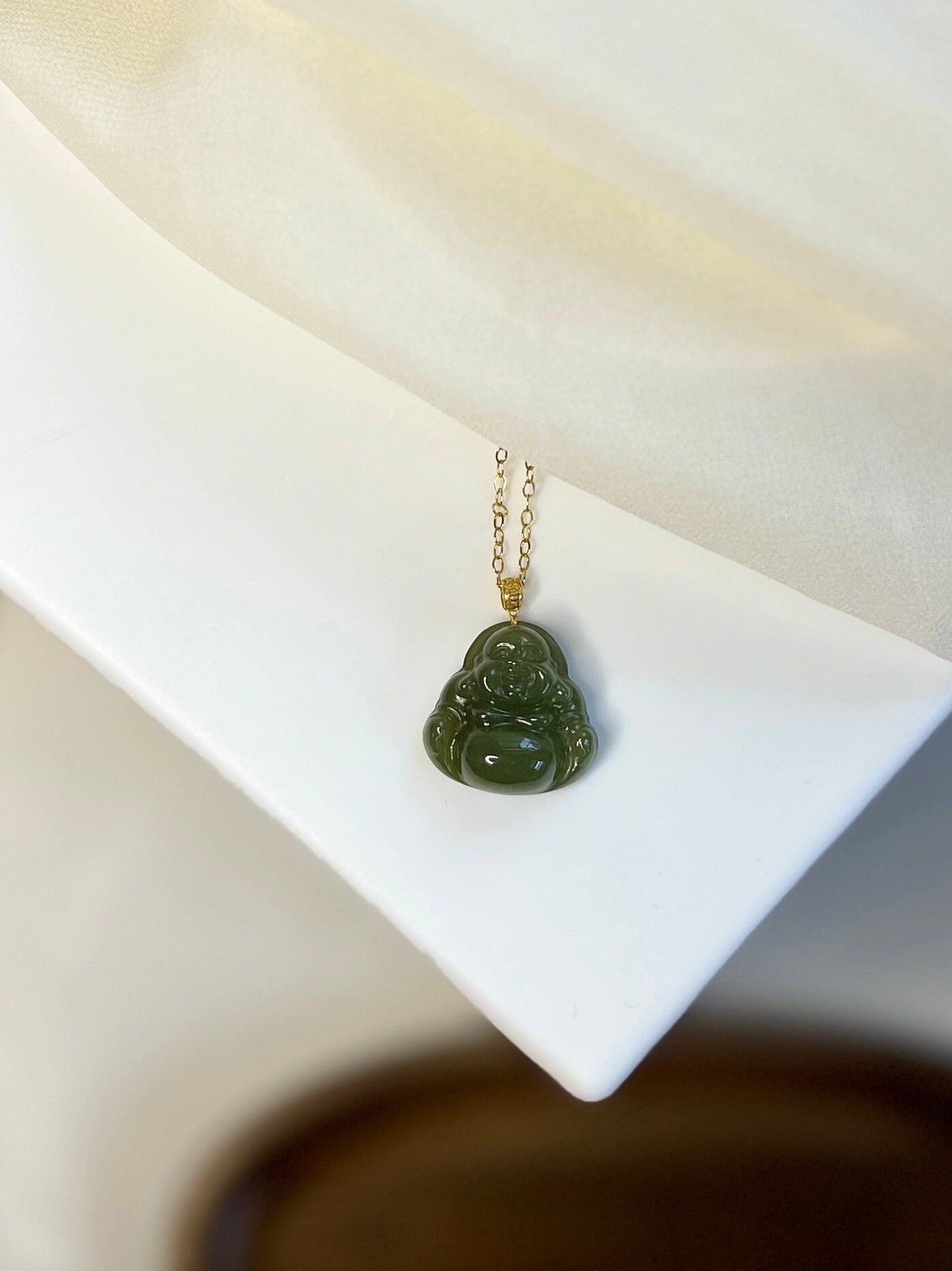 Hetian Jade Buddha Pendant, 18k Gold Cap Jade Pendant Necklace, Natural Jade Necklace, Dainty 14K Gold Filled Chain, Buddhist Jewelry