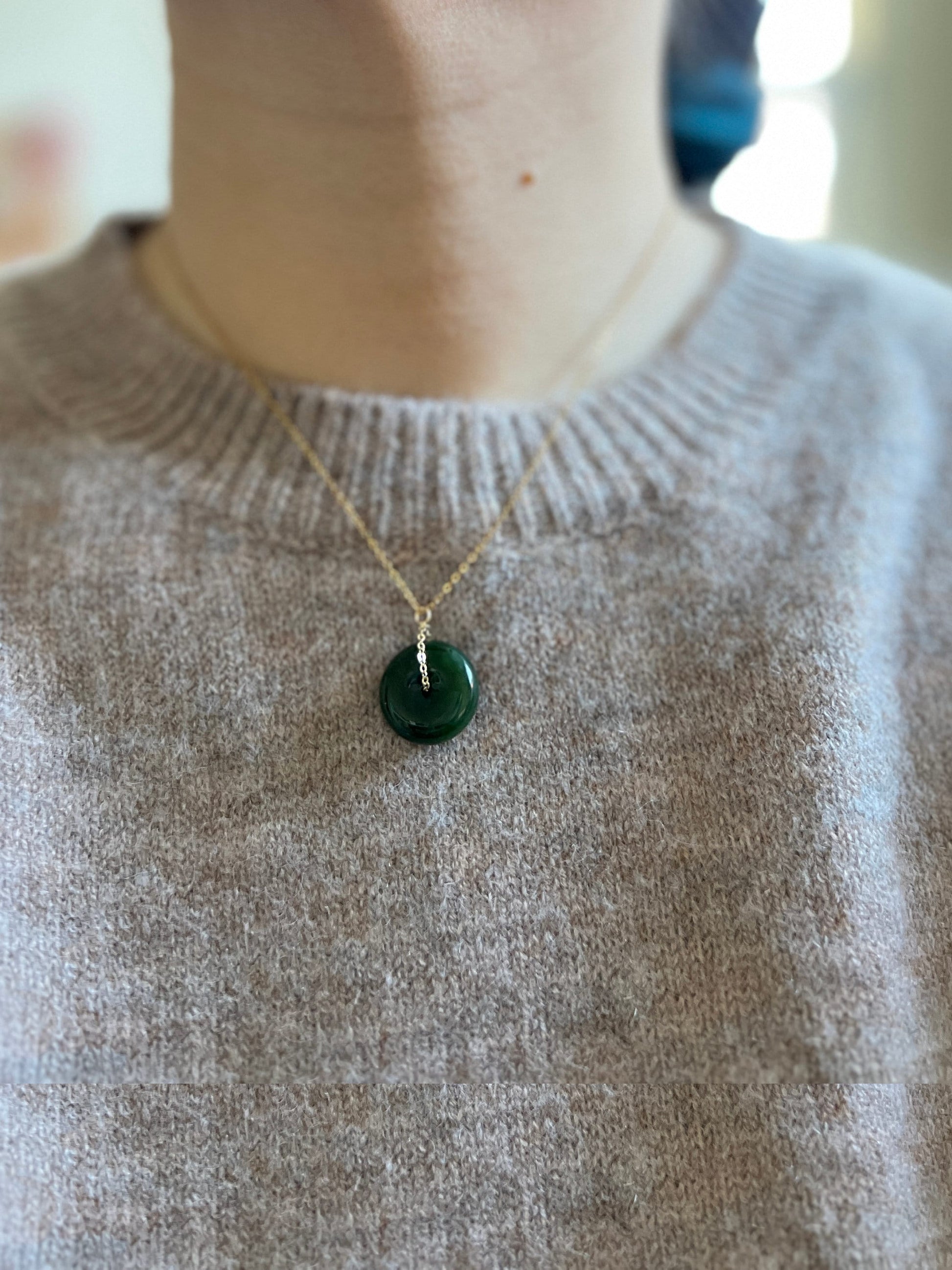 Natural jade Necklace, Hetian Pendant Necklace, Dainty Jade Necklace, Dark Green Jade Donut Necklace, Nephrite Pendant, Jade Gold jewelry