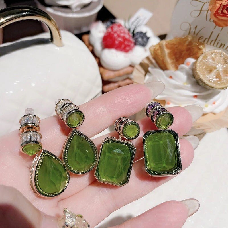 High Quality Large Luxury Green Jade Earring, Natural Chalcedony Rectangle / Water Drop Earrings, Vintage Gem Stone with Purple CZ Diamond