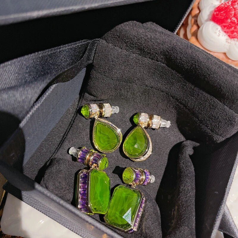 High Quality Large Luxury Green Jade Earring, Natural Chalcedony Rectangle / Water Drop Earrings, Vintage Gem Stone with Purple CZ Diamond