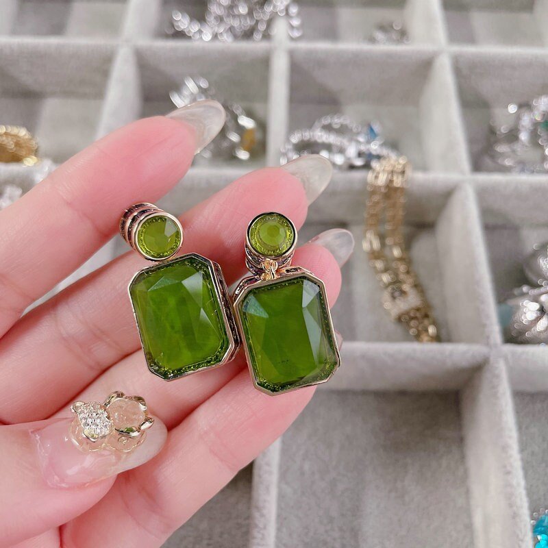 High Quality Large Luxury Green Jade Earring, Natural Chalcedony Rectangle / Water Drop Earrings, Vintage Gem Stone with Purple CZ Diamond