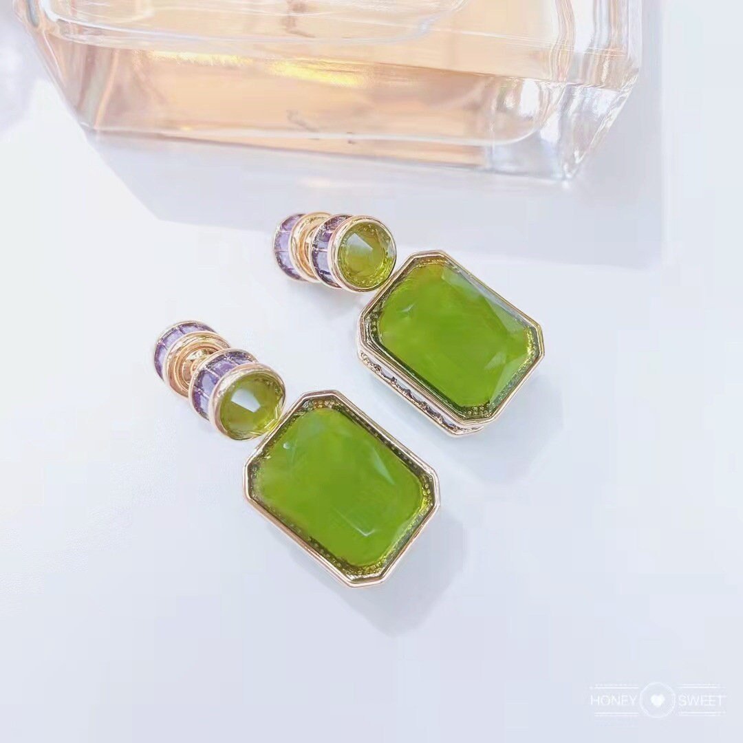 High Quality Large Luxury Green Jade Earring, Natural Chalcedony Rectangle / Water Drop Earrings, Vintage Gem Stone with Purple CZ Diamond