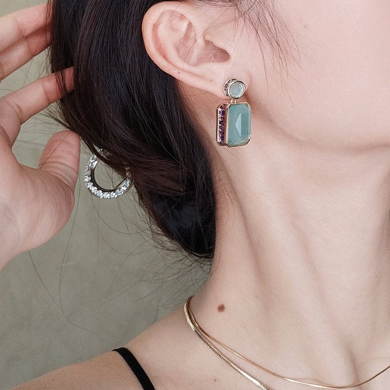 High Quality Large Luxury Green Jade Earring, Natural Chalcedony Rectangle / Water Drop Earrings, Vintage Gem Stone with Purple CZ Diamond