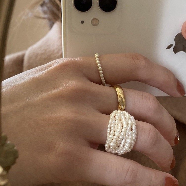 Mini Pearls Stretch Ring, Small Pearls Ring with 14k Gold Filled Bead, 2mm Round Pearl Ring, Stackable Pearl Ring, Adjustable Pearl Ring,