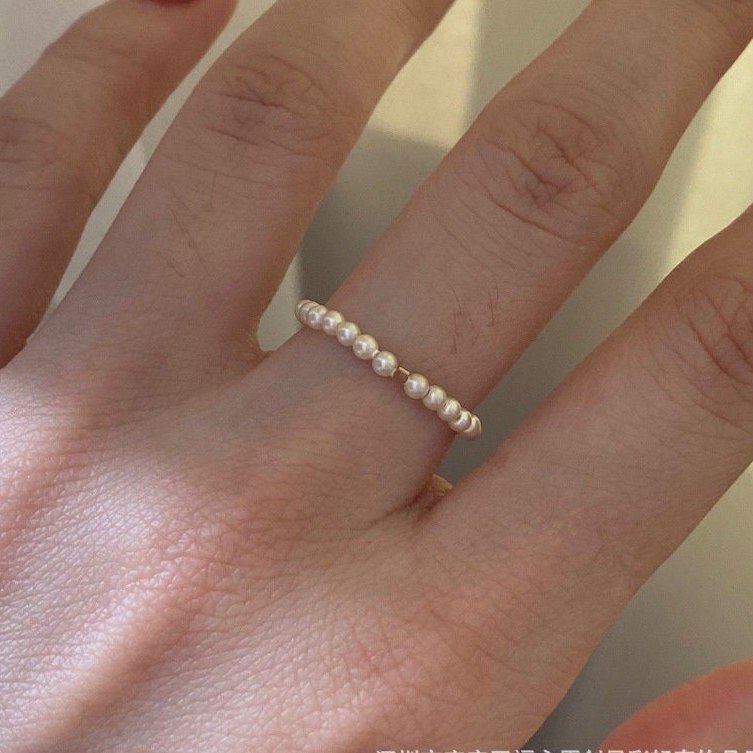 Mini Pearls Stretch Ring, Small Pearls Ring with 14k Gold Filled Bead, 2mm Round Pearl Ring, Stackable Pearl Ring, Adjustable Pearl Ring,