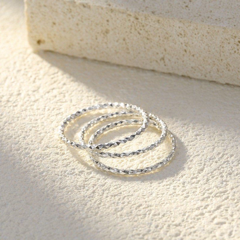 Solid Sterling Silver Ring, Sparkle Silver Ring, Thin Stackable Ring, Stacking Ring, S999 Sterling Silver Ring, Triangle Texture Silver Ring