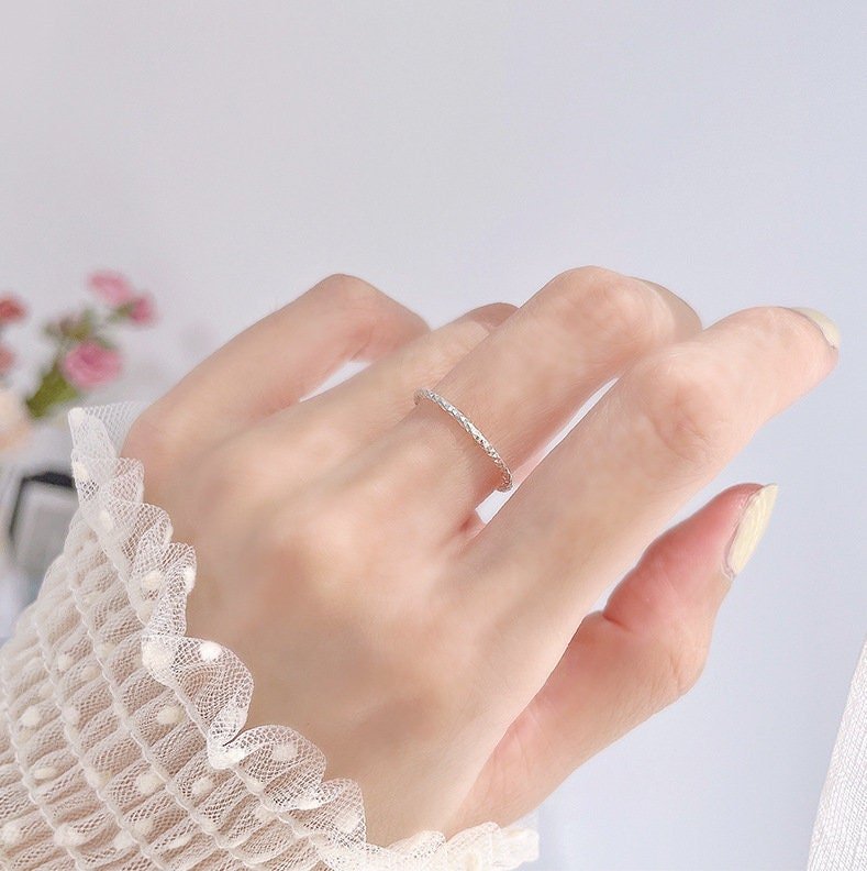 Solid Sterling Silver Ring, Sparkle Silver Ring, Thin Stackable Ring, Stacking Ring, S999 Sterling Silver Ring, Triangle Texture Silver Ring