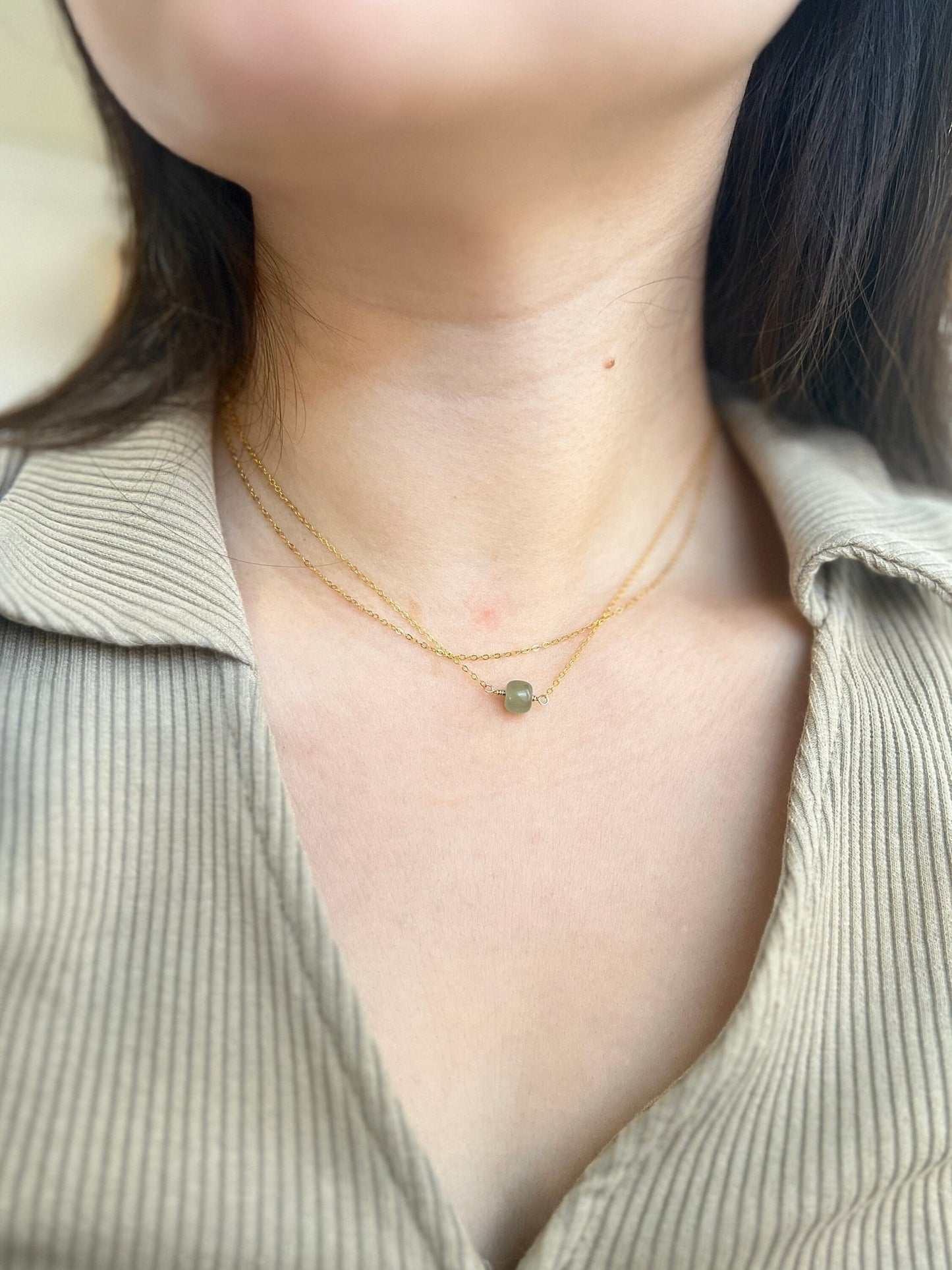 Minimalist Natural Hetian Jade Necklace, 1 Bead Dainty Choker, Dainty Jade Necklace, Nephrite Necklace, 3 Beads Necklace, Light Green Jade