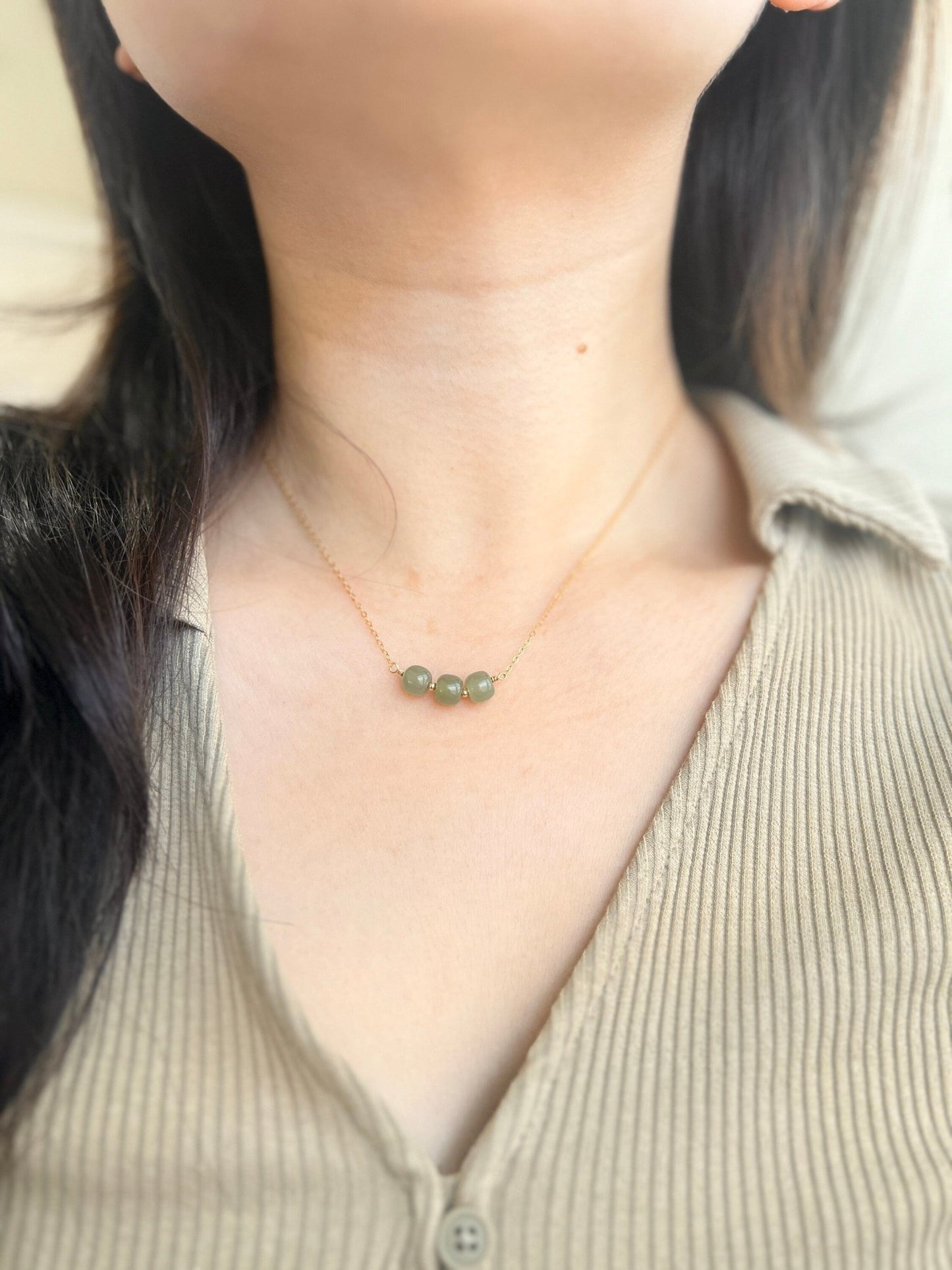 Minimalist Natural Hetian Jade Necklace, 1 Bead Dainty Choker, Dainty Jade Necklace, Nephrite Necklace, 3 Beads Necklace, Light Green Jade