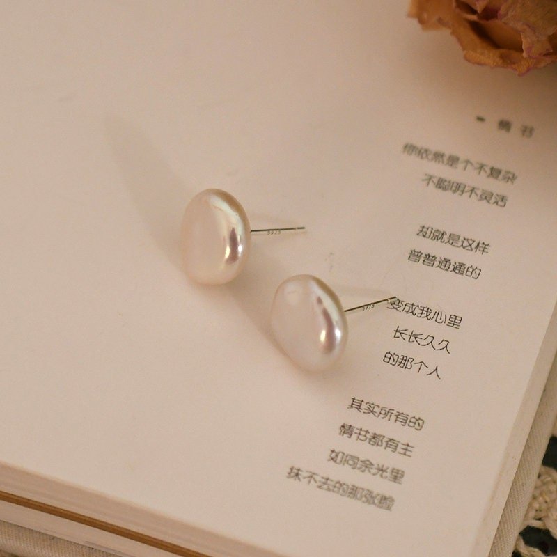 13-15mm Baroque Coin Pearl Stud Earrings, Natural Fresh Water Pearl Earrings, Simple Single Flat Pearl Earrings