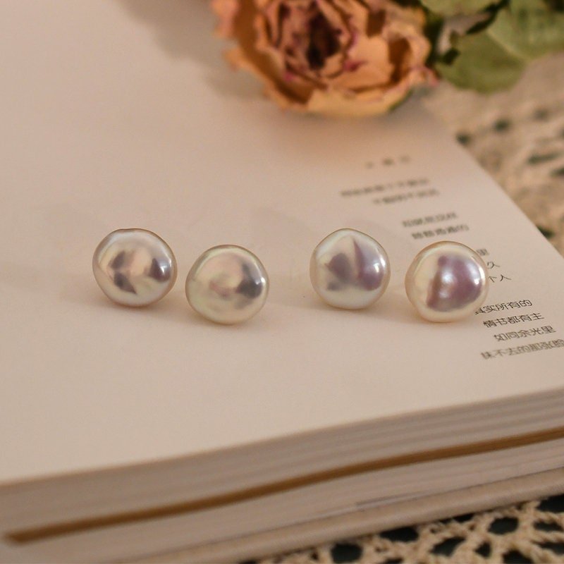 13-15mm Baroque Coin Pearl Stud Earrings, Natural Fresh Water Pearl Earrings, Simple Single Flat Pearl Earrings