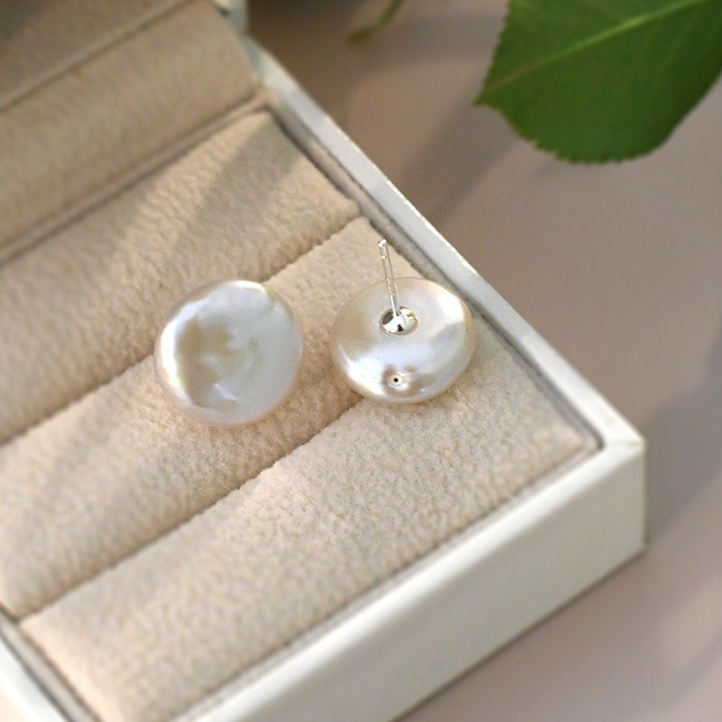 13-15mm Baroque Coin Pearl Stud Earrings, Natural Fresh Water Pearl Earrings, Simple Single Flat Pearl Earrings