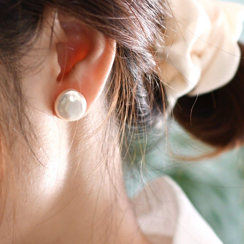 13-15mm Baroque Coin Pearl Stud Earrings, Natural Fresh Water Pearl Earrings, Simple Single Flat Pearl Earrings