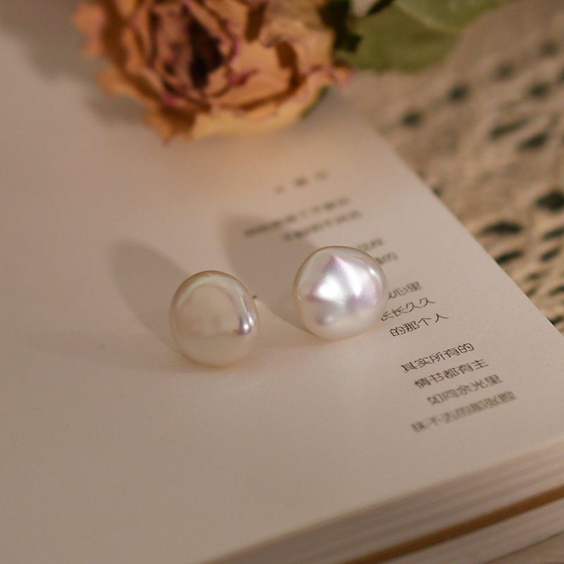 13-15mm Baroque Coin Pearl Stud Earrings, Natural Fresh Water Pearl Earrings, Simple Single Flat Pearl Earrings