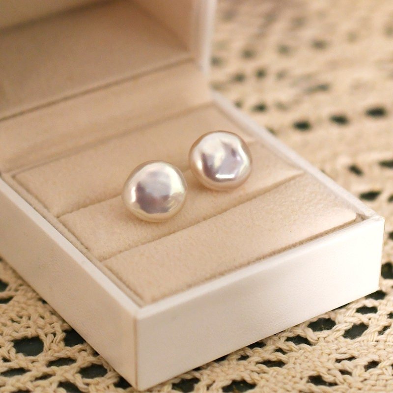 13-15mm Baroque Coin Pearl Stud Earrings, Natural Fresh Water Pearl Earrings, Simple Single Flat Pearl Earrings