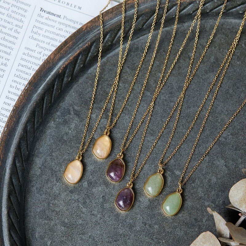 Natural Stone Crystal on 18k Gold Plated Stainless Steel Classic Chain, Green Purple Pink Jade Irregular shape Gemstone Pendant