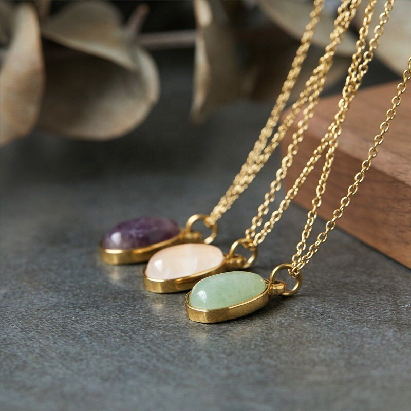 Natural Stone Crystal on 18k Gold Plated Stainless Steel Classic Chain, Green Purple Pink Jade Irregular shape Gemstone Pendant