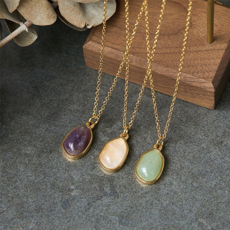 Natural Stone Crystal on 18k Gold Plated Stainless Steel Classic Chain, Green Purple Pink Jade Irregular shape Gemstone Pendant