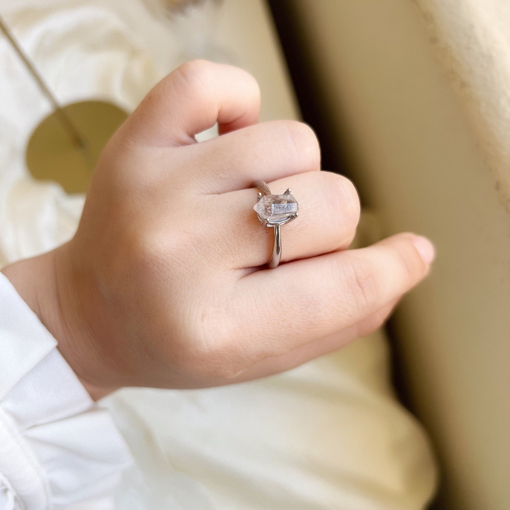 HERKIMER Diamond Ring, Boho Style Natural Gemstone Crystal Ring, Adjustable Copper Ring, Irregular Small White Crystal, Healing Crystal