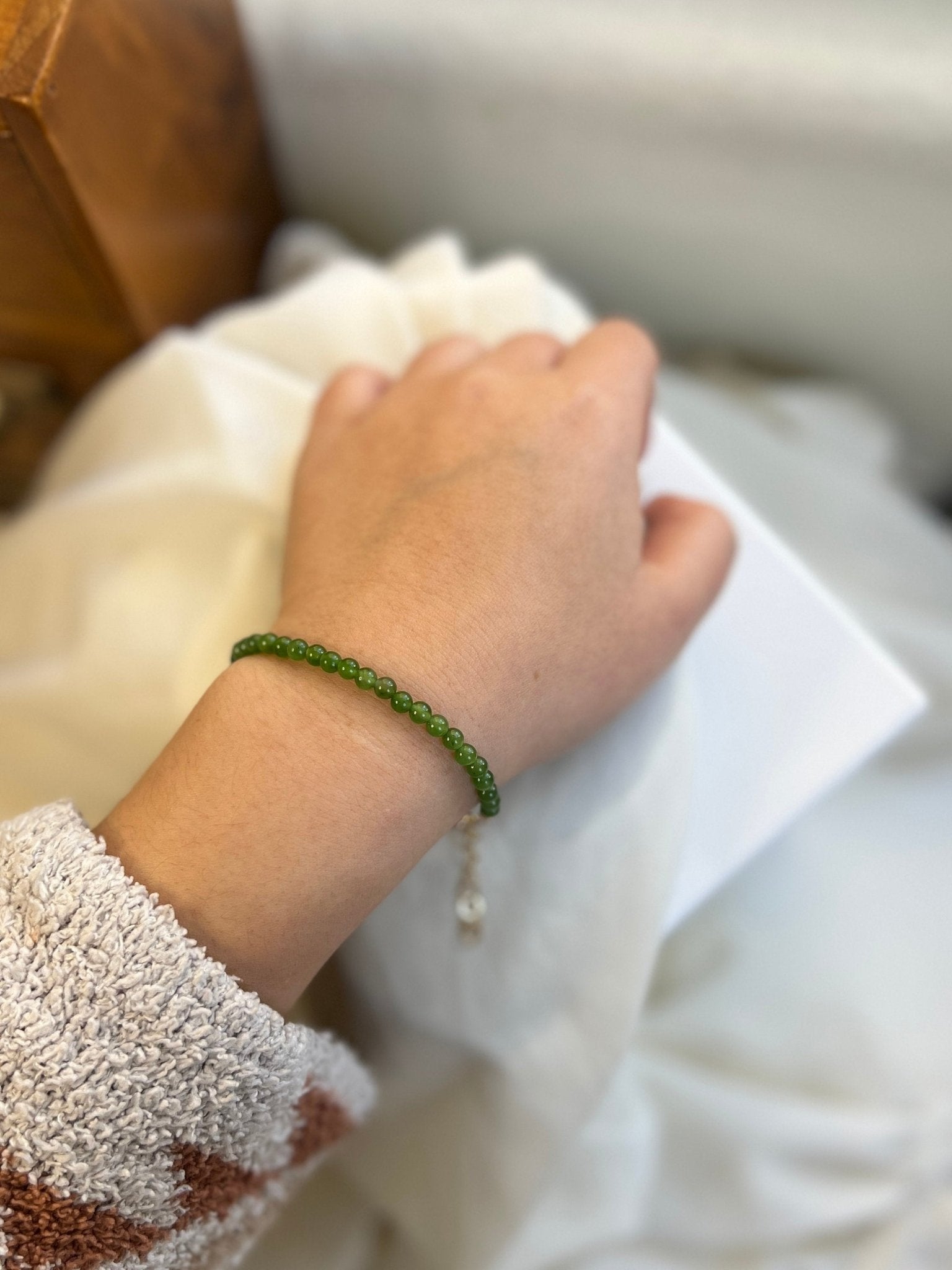 Small Jade Beaded Bracelets with 14K Gold Filled Chain, Genuine Nephrite Bracelet, Tiny Jade Beads Bracelet, Apple Green Natural Hetian Jade 1