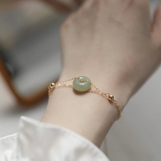 Natural Hetian Jade Bracelet, Donut Jade Bracelet, Green Gemstone Charm Bracelet, Lucky Donut Nephrite Bracelet, Gold Green Pendant Bracelet