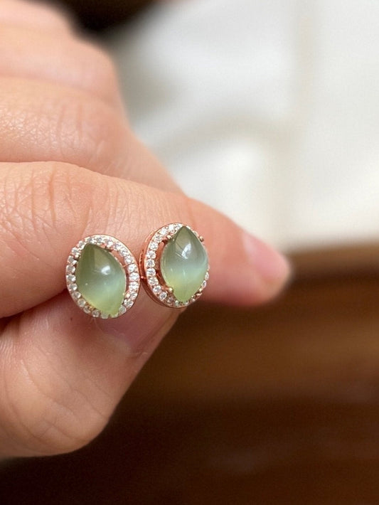 Natural Jade Earrings, Hetian Jade Earrings, S925 Sterling Silver Earrings, Cat Eye Jade Earrings, Light Green Jade Earrings, Stud Earrings