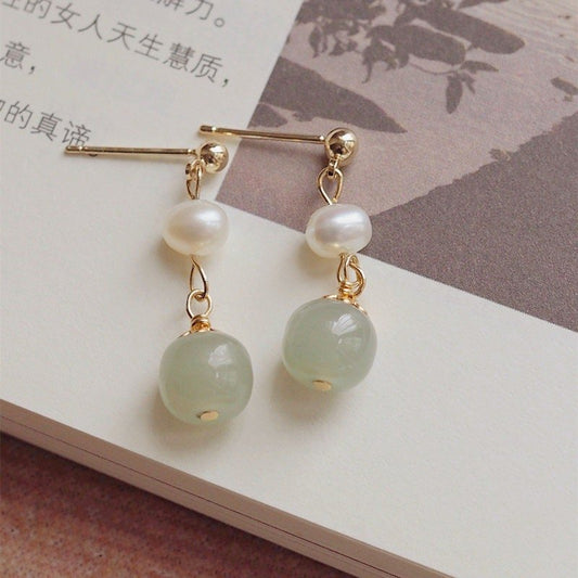Natural Jade Earrings, Jade Pearl Earrings, Light Green Nephrite Earrings, Jade Pearl Earrings, Hetian Jade Bead Earring, Jade Gold Earrings