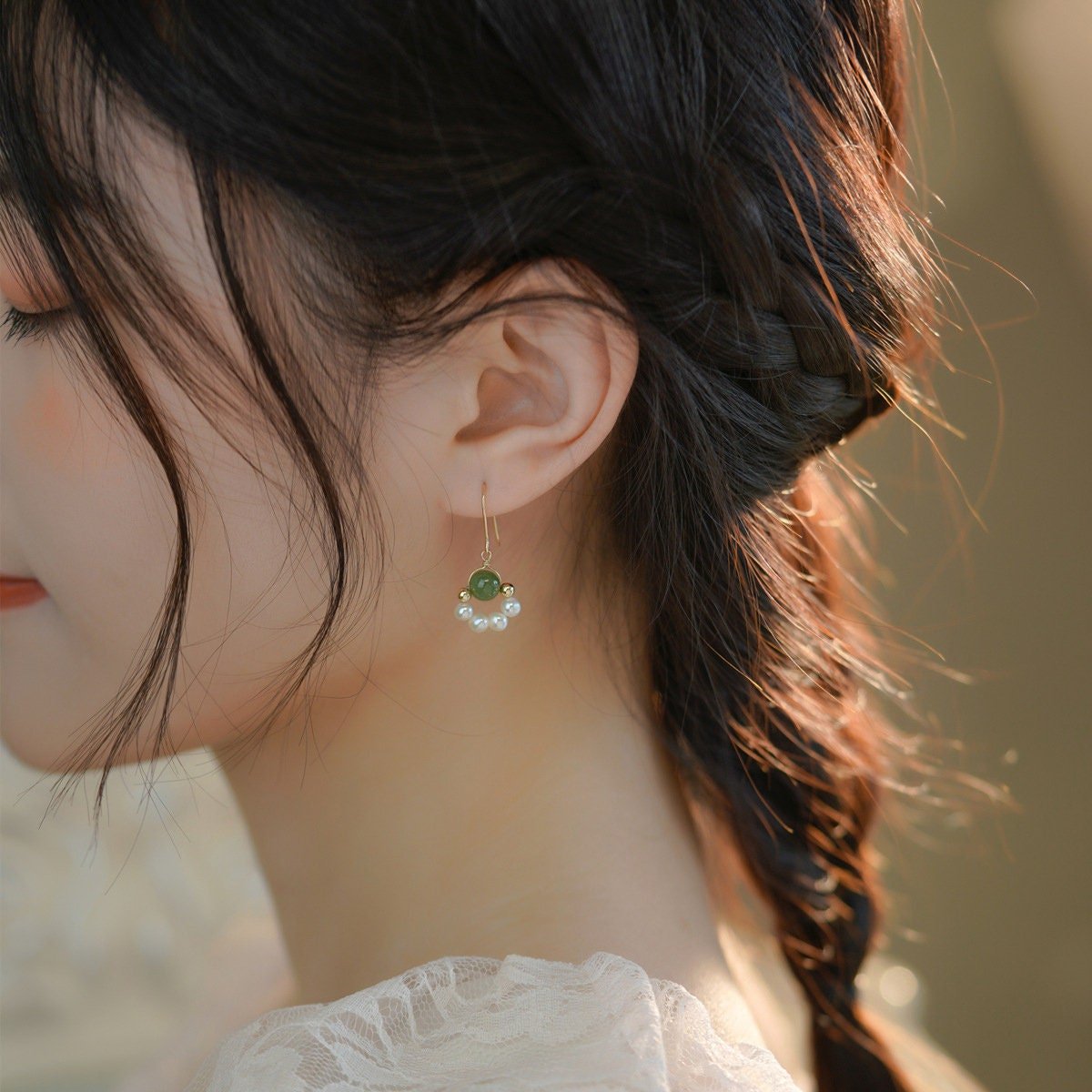 Natural Jade Earrings, Jade Pearl Earrings, Nephrite Earrings with pearls, Dainty Earring, Freshwater Pearl Earrings, Natural Pearl Earrings
