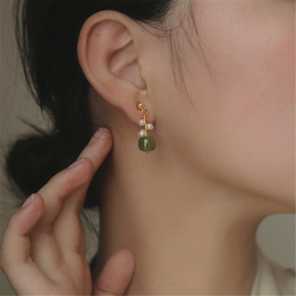 Natural Jade Earrings, Jade Pearl Earrings, Light Dark Green Nephrite Earrings with Clips-on or Pierced Option, Hetian Jade Bead Earring