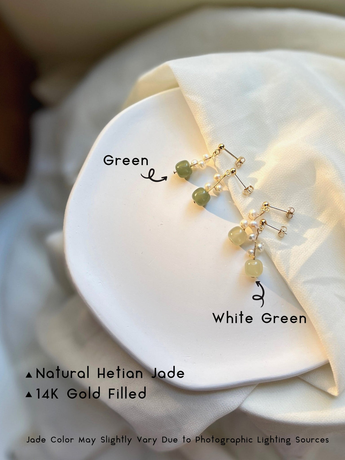 White Jade Drop Earrings | Jade Artisan Alquimia Gold and Cream milky jade Earrings display picture 1