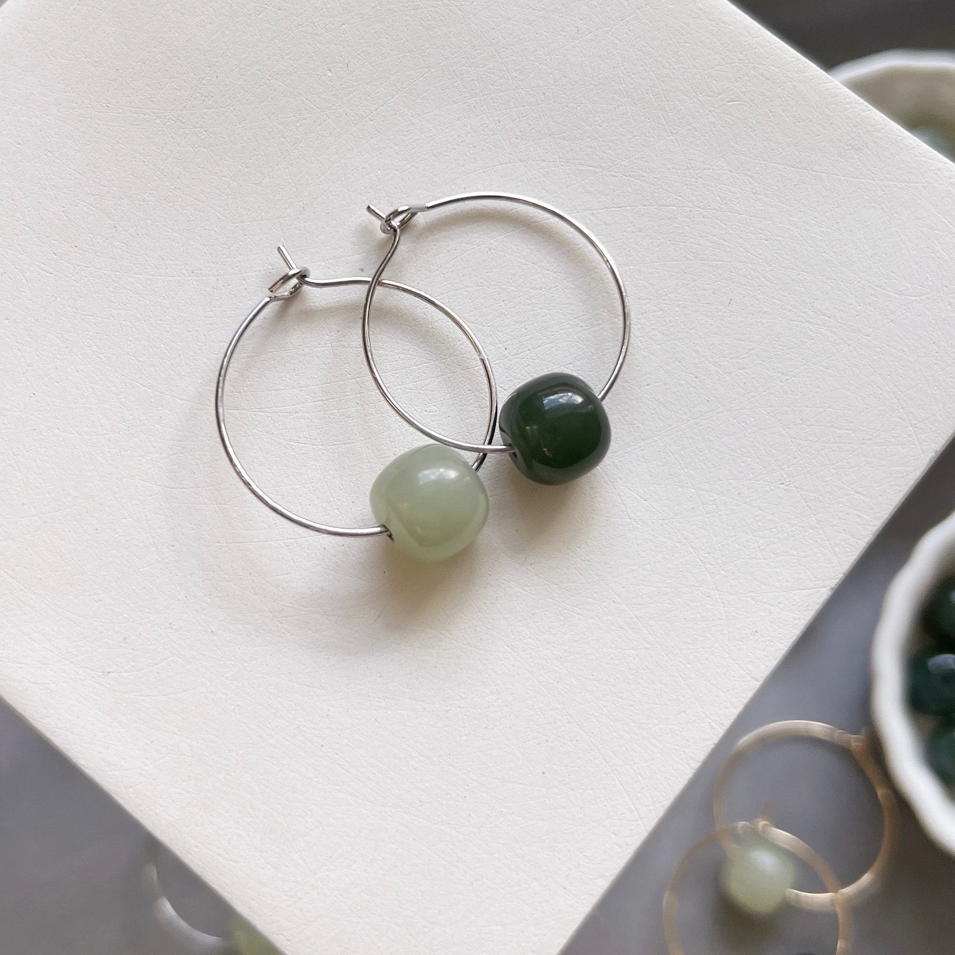 Natural Jade Earring, Gold Jade Earrings, Silver Jade Earrings, Nephrite Hood Earrings, Simple Light or Dark Green Hetian Jade Earrings