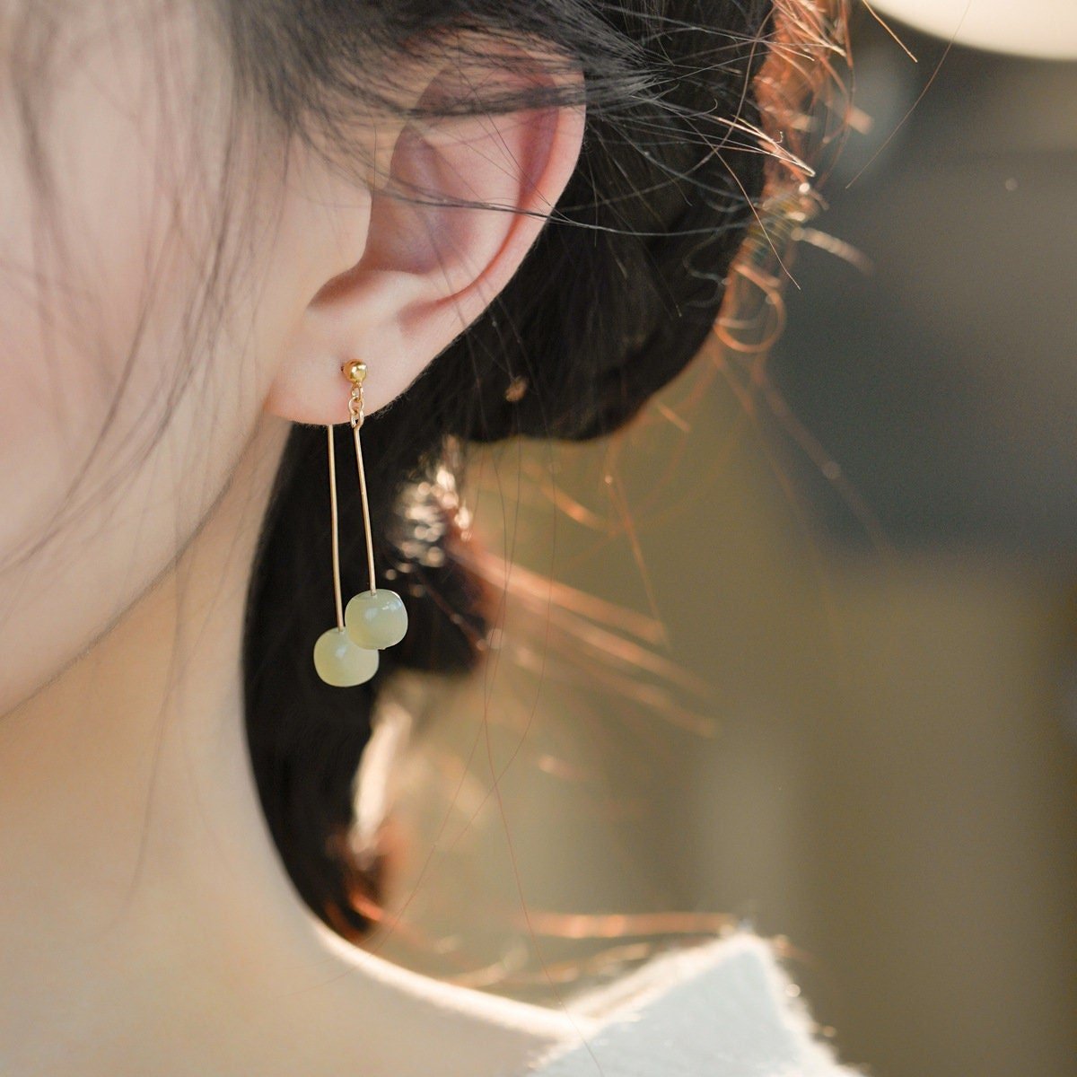 Natural Hetian Jade Long Drop Earrings, Light Dark Green Jade Earring, Gold and Jade Earring, Clip Tassel Earring, Gold Jade Jewelry