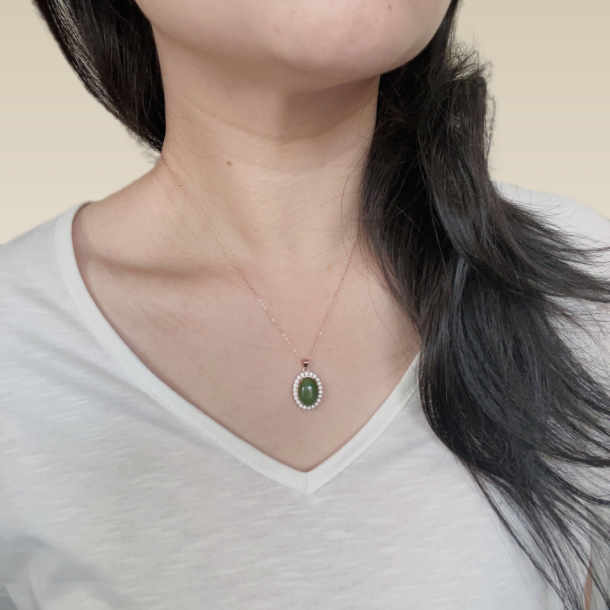 Natural Jade Necklace, Oval Jade Necklace, Hetian Jade Necklace, Green Jade Necklace, Dainty Jade Necklace, Diamond-bordered Jade, Good Luck