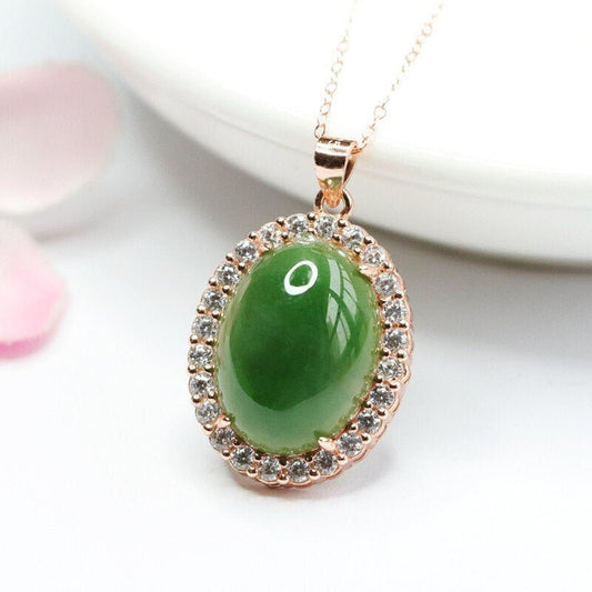 Natural Jade Necklace, Oval Jade Necklace, Hetian Jade Necklace, Green Jade Necklace, Dainty Jade Necklace, Diamond-bordered Jade, Good Luck