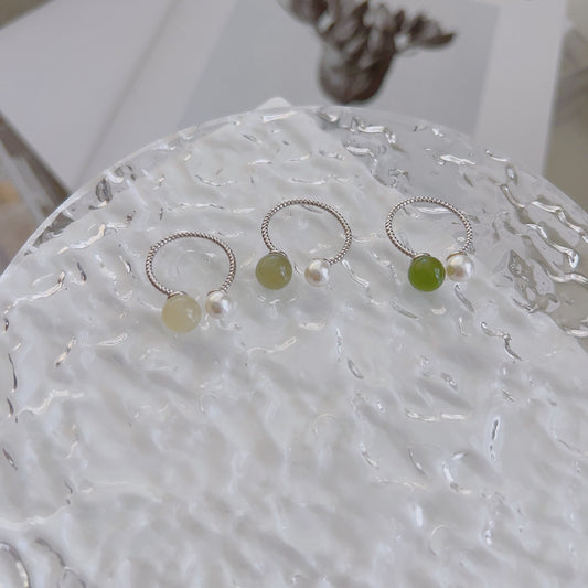 Natural Hetian Jade Ring with Fresh Water Pearl Ring, Front Open Adjustale Nephrite Ring