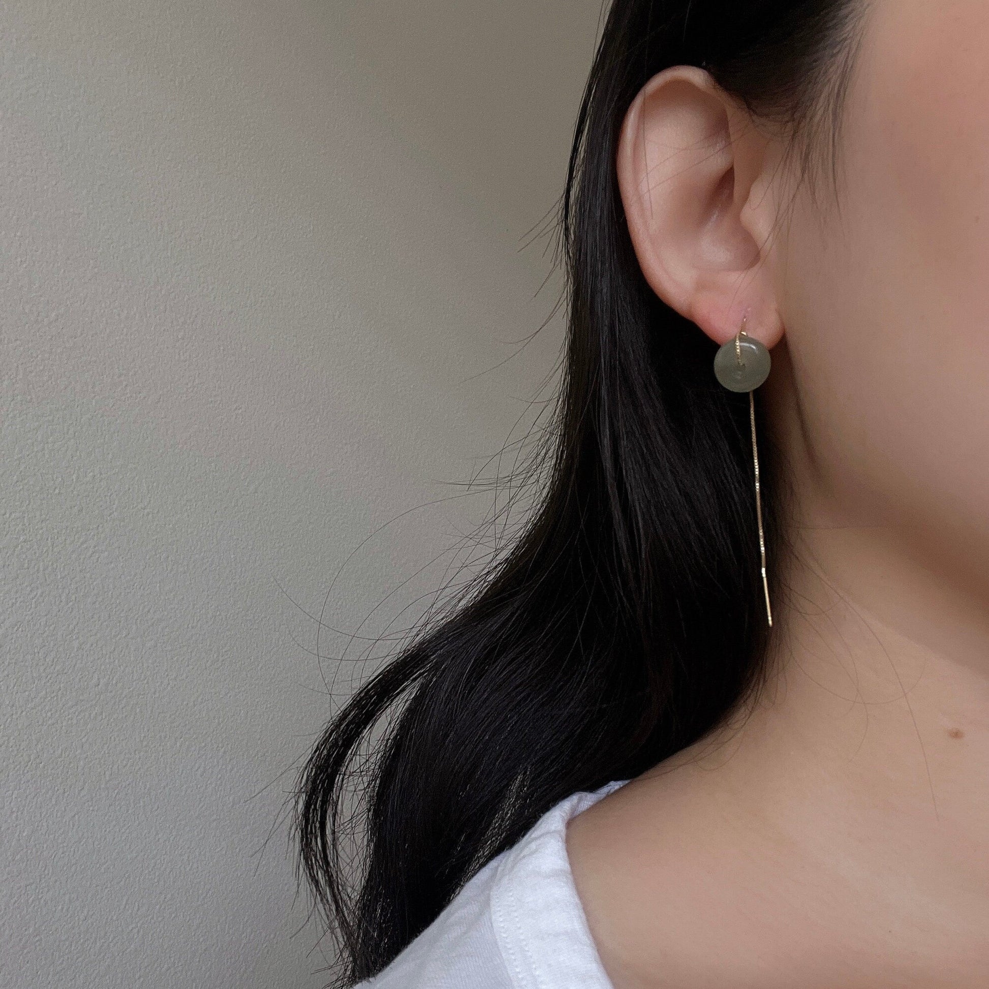 Genuine Hetian Jade Long Drop Tassel Earring, Natural Green Jade Donut Pendant, Silver Gold Long Drop Nephrite Earrings, Donut Ring Earring