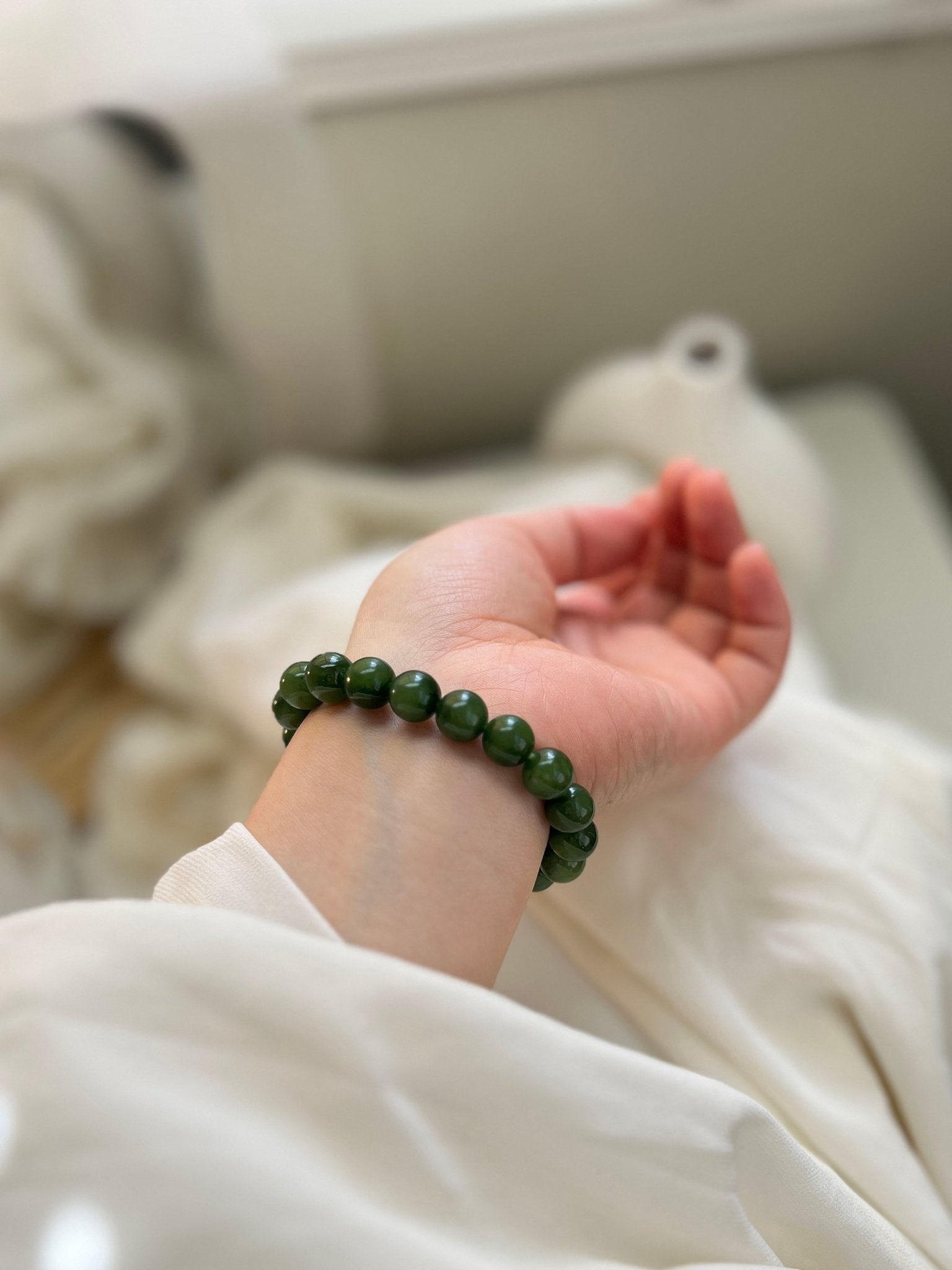 Natural Jade Beaded Bracelet, Green Jade Bracelet, Natural Hetian Jade, Genuine Nephrite Bracelet, Cat Eye Jade Beads, 9mm 10mm Jade Beads